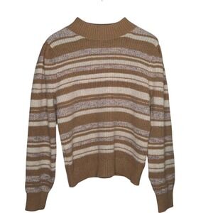 LOFT Striped Mock Neck Sweater Brown Cream Metallic Ribbed Knit Pullover XL